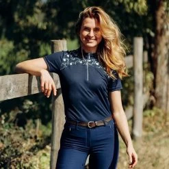Horze Women's Kaitlin Short Sleeved Performance Shirt W/ Flower Print - Peacoat Dark Blue 9 Horze Women's Kaitlin Short Sleeved Performance Shirt W/ Flower Print - Peacoat Dark Blue -Equestrian Supplies 543294 800 800